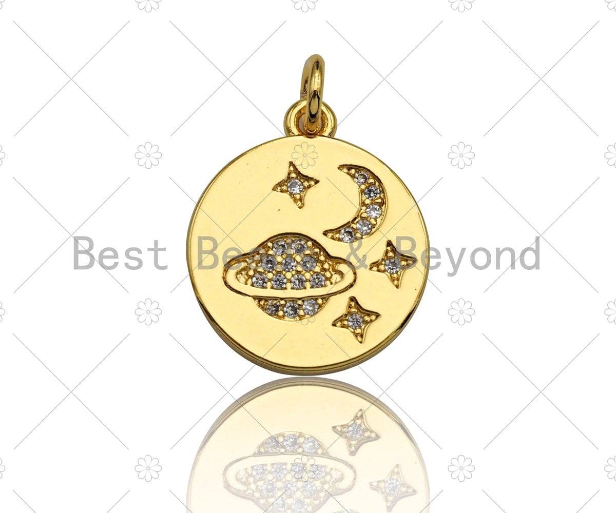 18k Shiny Gold Moon Earth Star On Round Coin Charms, Gold Coin Charms, Moon Pendant, Gold Pendant, Round Necklace Charms, 15x17mm, Sku#Z1170