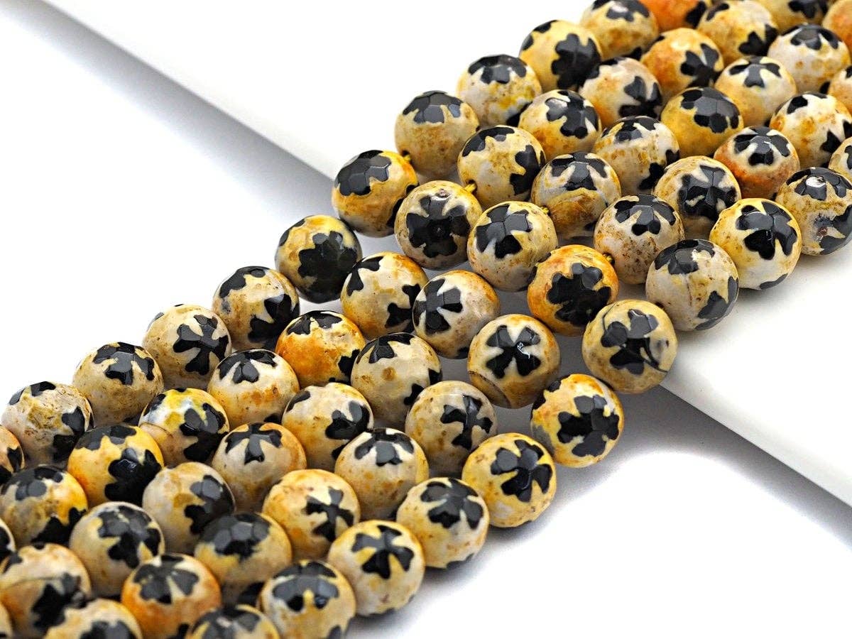 10mm Quality Dzi Black Yellow Aage with Flower Patten Beads, sku#U559c