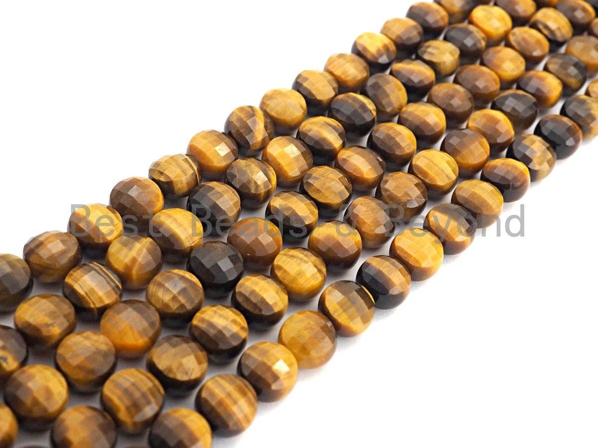 High Quality Natural Yellow Tiger Eye Checkerboard Cut Coin Shape Beads, 6mm/8mm/10mm Turtle Shell Cut Tiger Eye, 16" Full strand, Sku#U576