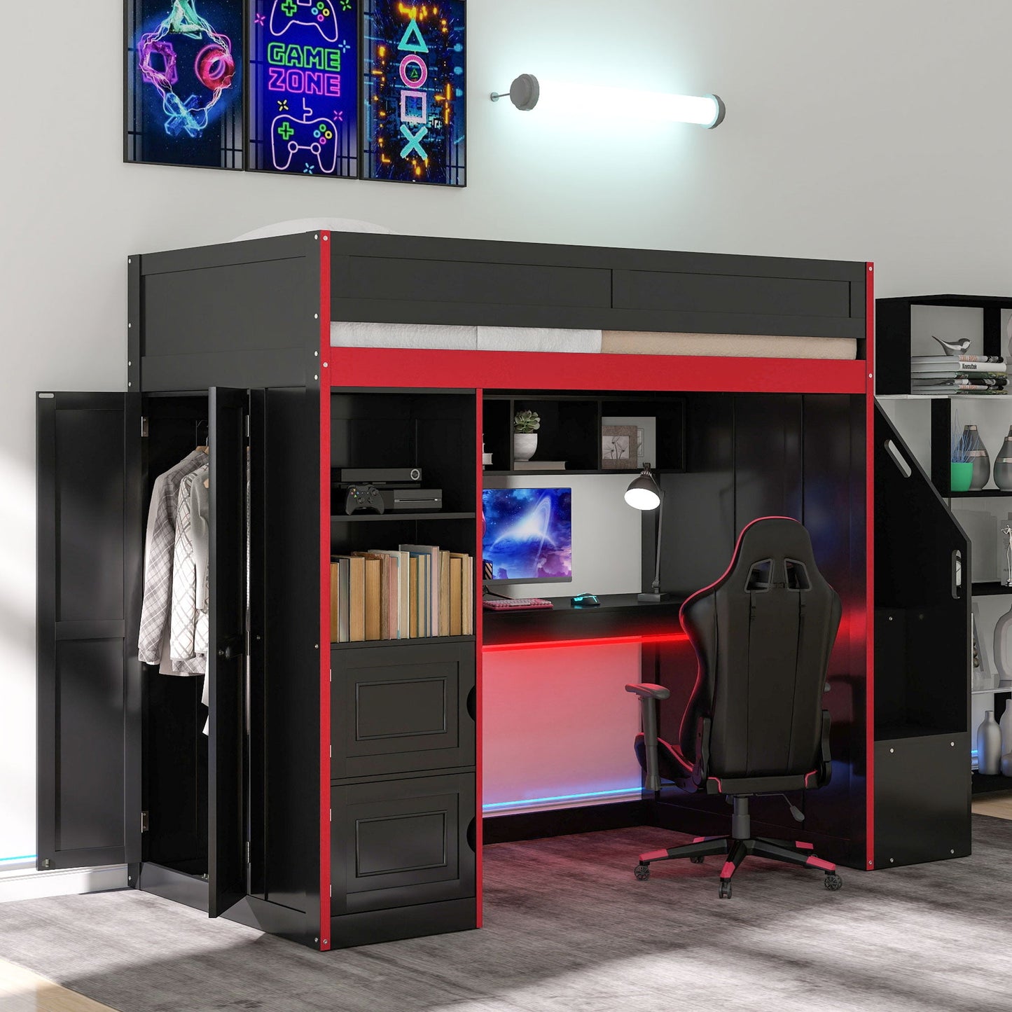 Gaming Loft Bed with Desk and Storage, LED Lights, Full