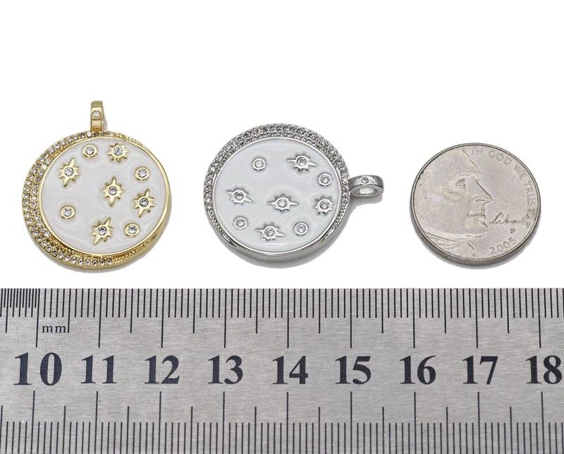 Silver Gold CZ Enamel Cresent Moon Star Coin Charm, Sku#LK698
