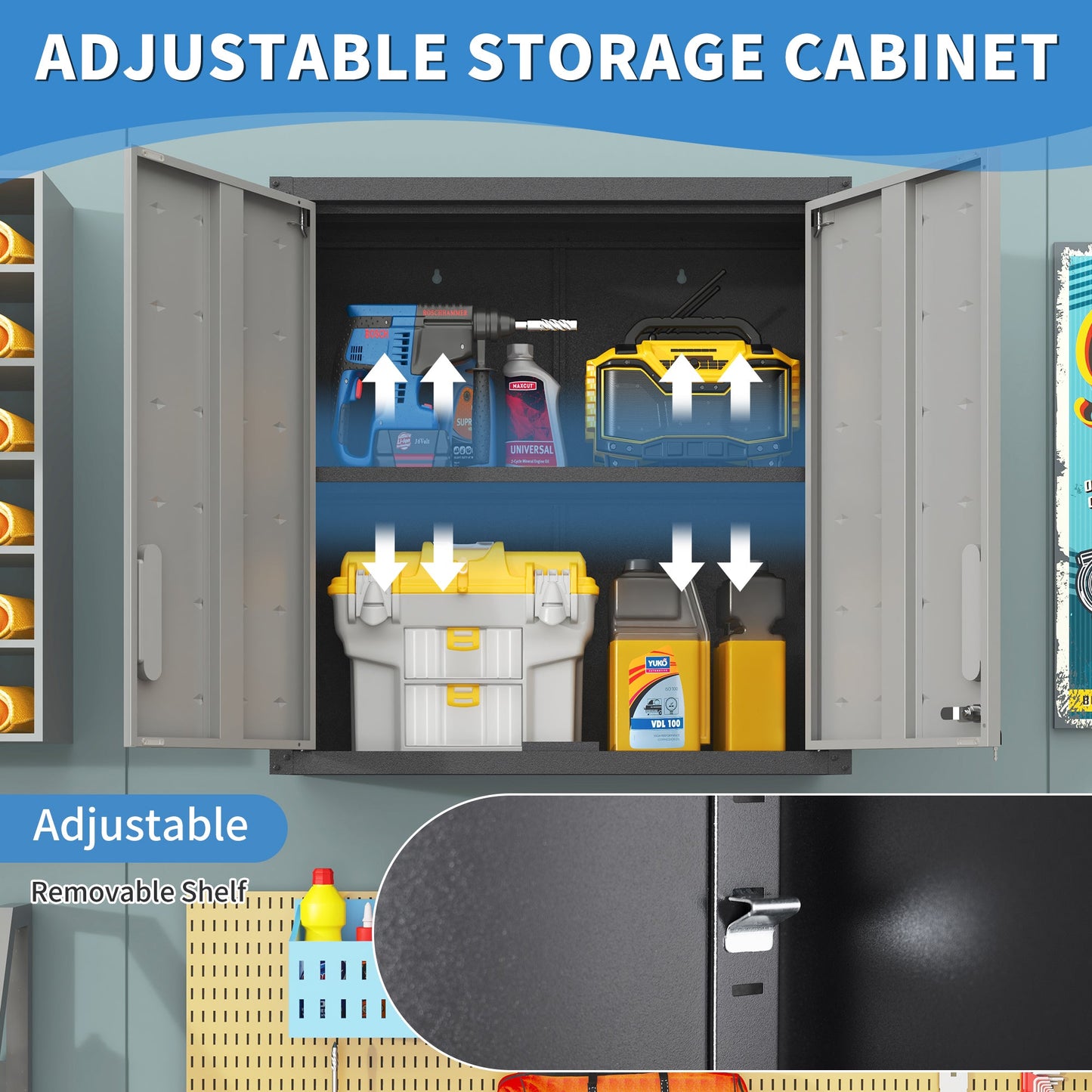 Metal Wall-Mounted Tool Storage Cabinet with Locking Door