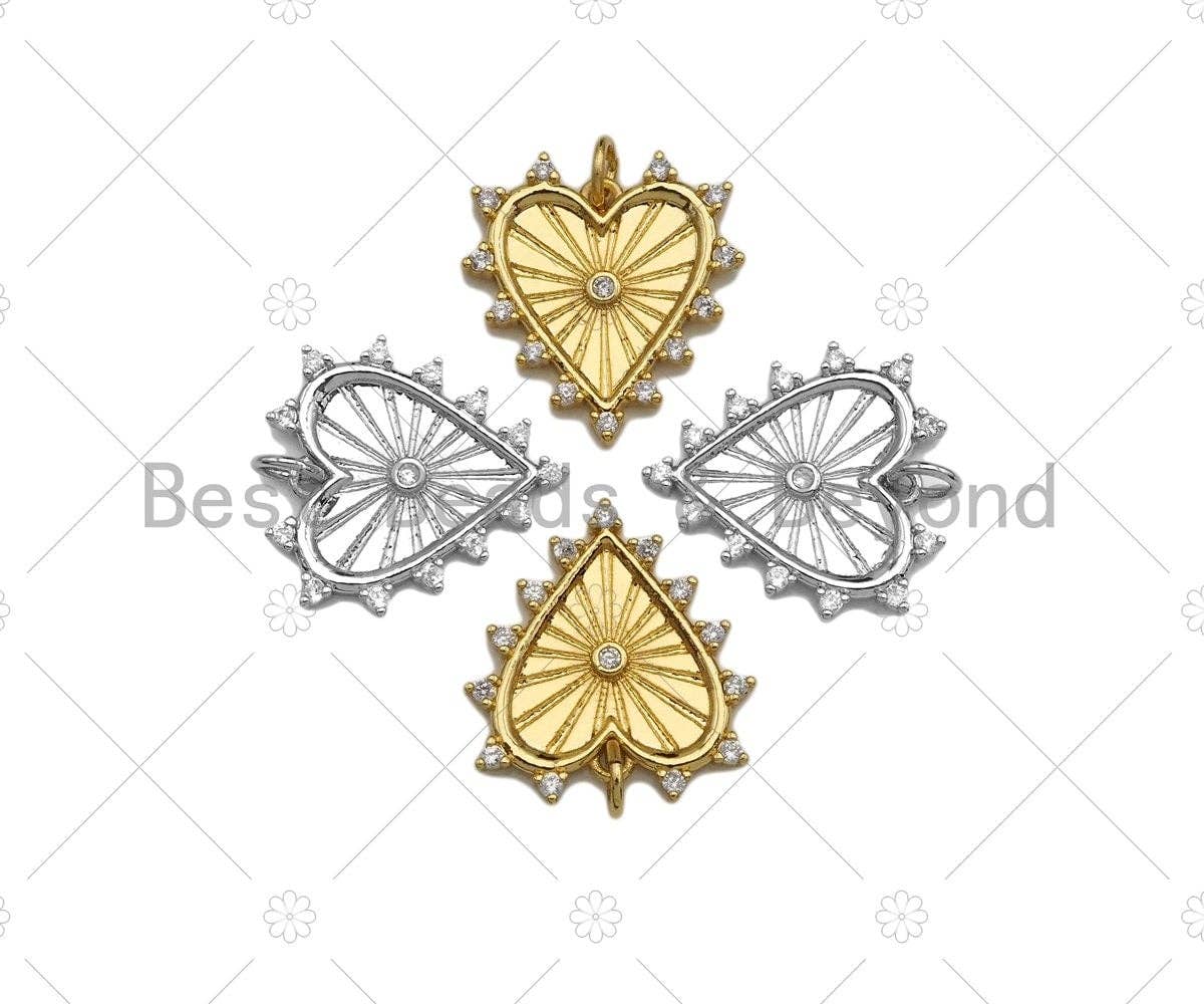 CZ Micro Pave Radial Heart Shape Pendant/Charm,Cubic Zirconia Gold/Silver Charm, Necklace Bracelet Charm Pendant, 19x20mm, Sku#L385