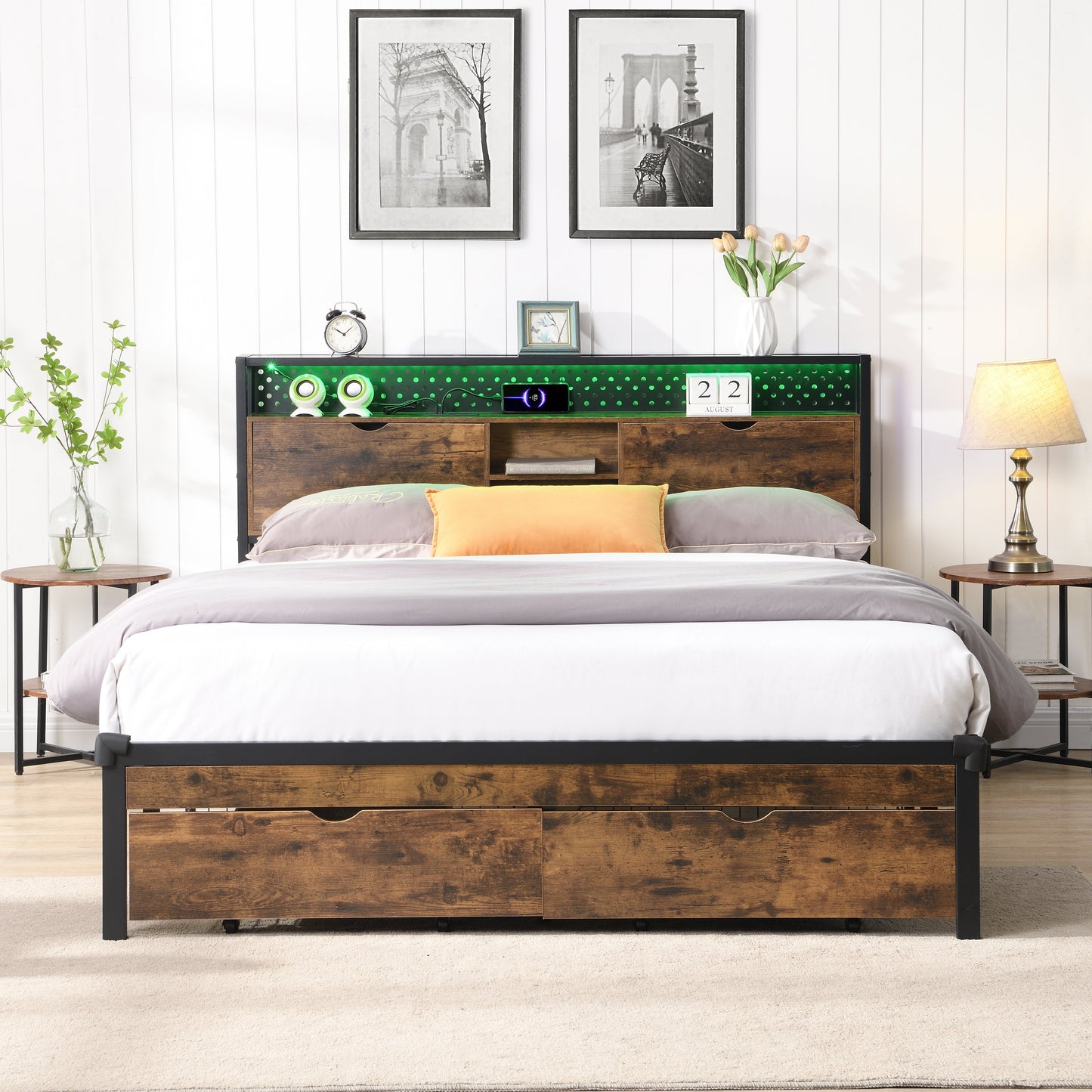Queen Size Metal Platform Bed Frame with Wooden Headboard