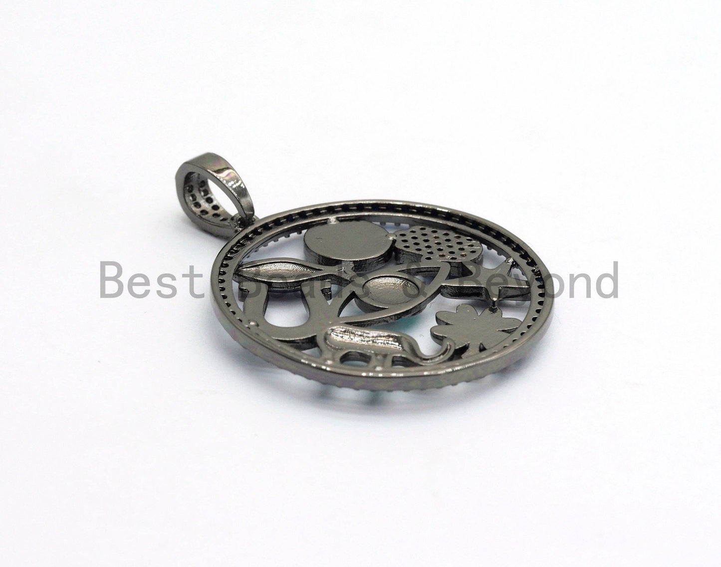 LARGE Enamel Round Artisan Protection Pendant,Black CZ Micro Pave Oil Drop Round pendant,Enamel pendant,Enamel Jewelry,32x34mm,sku#F595