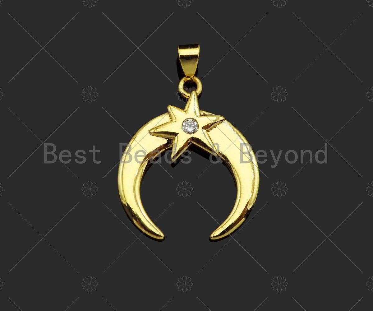 CZ Micro Pave 18k Gold North Star On Horn Shape Pendant, Cubic Zirconia Pendant, Horn Charm, CZ Micro Pave Pendant,21x25mm,Sku#LK213