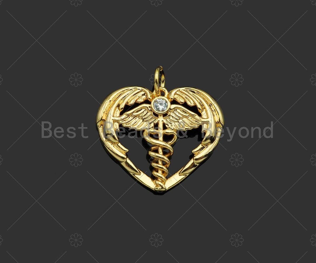CZ Micro Pave Angle Wing On Heart Shape Pendant/Charm, 14K Gold Filled Heart Charm, Necklace Bracelet Charm Pendant,21x18mm,Sku#ZX33