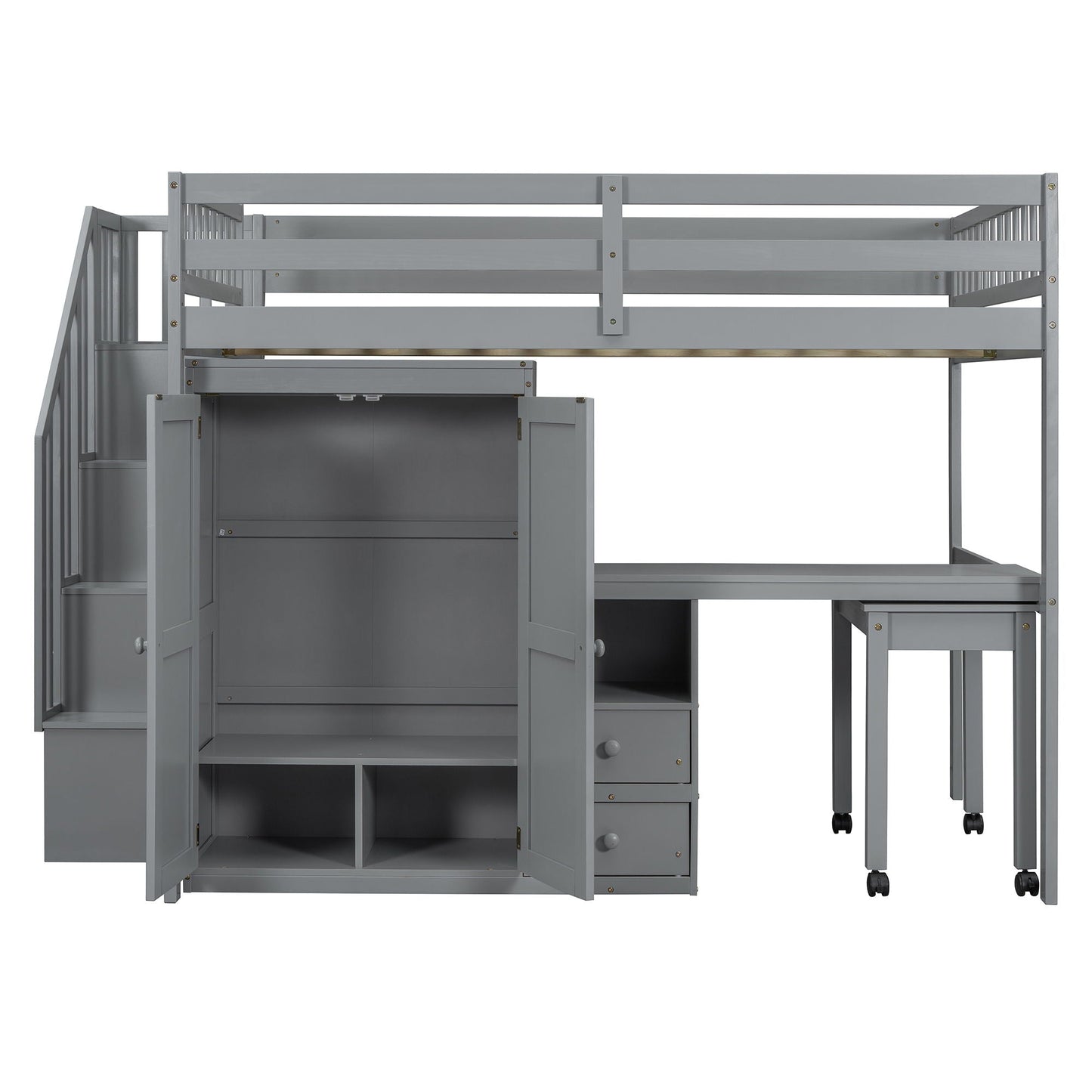 Loft Bed With Stairs, Bookshelf, Drawers, Desk & Wardrobe, Space Saving Multifunctional Furniture