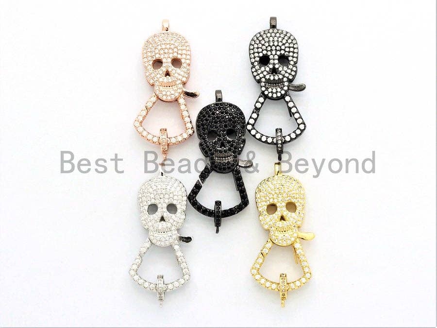 CZ Micro Pave Skull Lobster Claw Clasp, Large Skull Pave Clasp/Pendant Connector, Cubic Zirconia Pave Clasp/Connector/Link,17x37mm, sku#H131