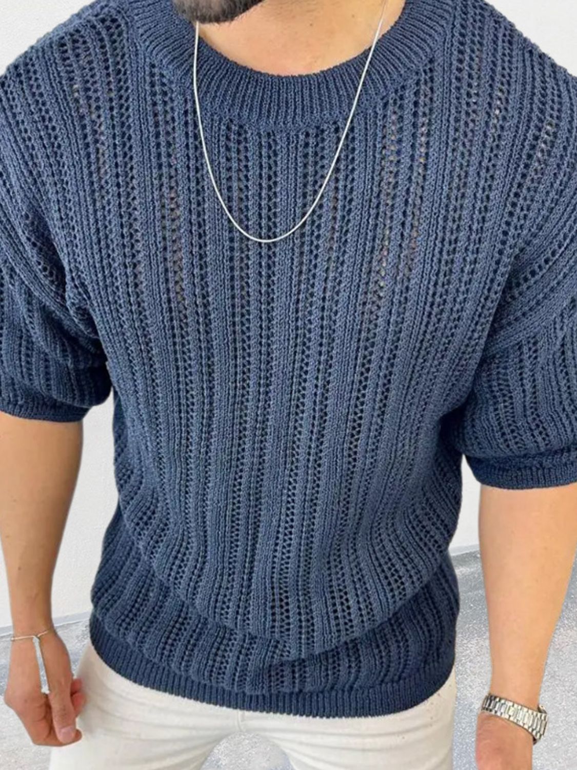 Men's Openwork Round Neck Knit T-Shirt