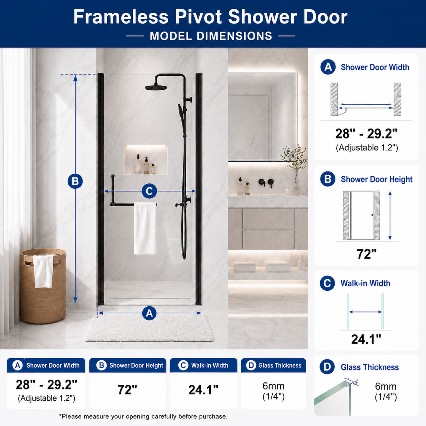 28"-29.2'' x 72" Semi-Frameless Pivot Shower Door