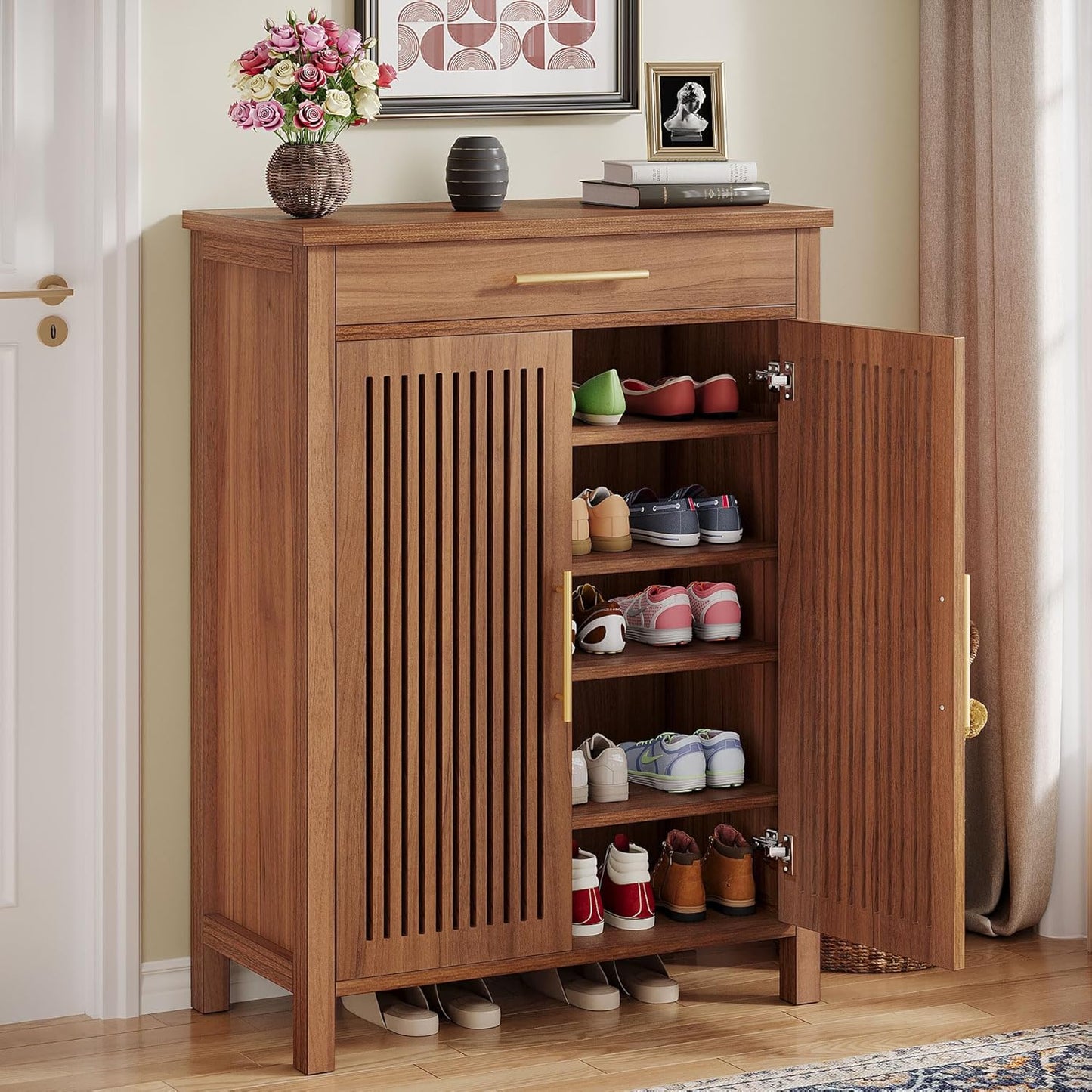 5-Tier Shoe Storage Cabinet with Louvered Doors and Drawer