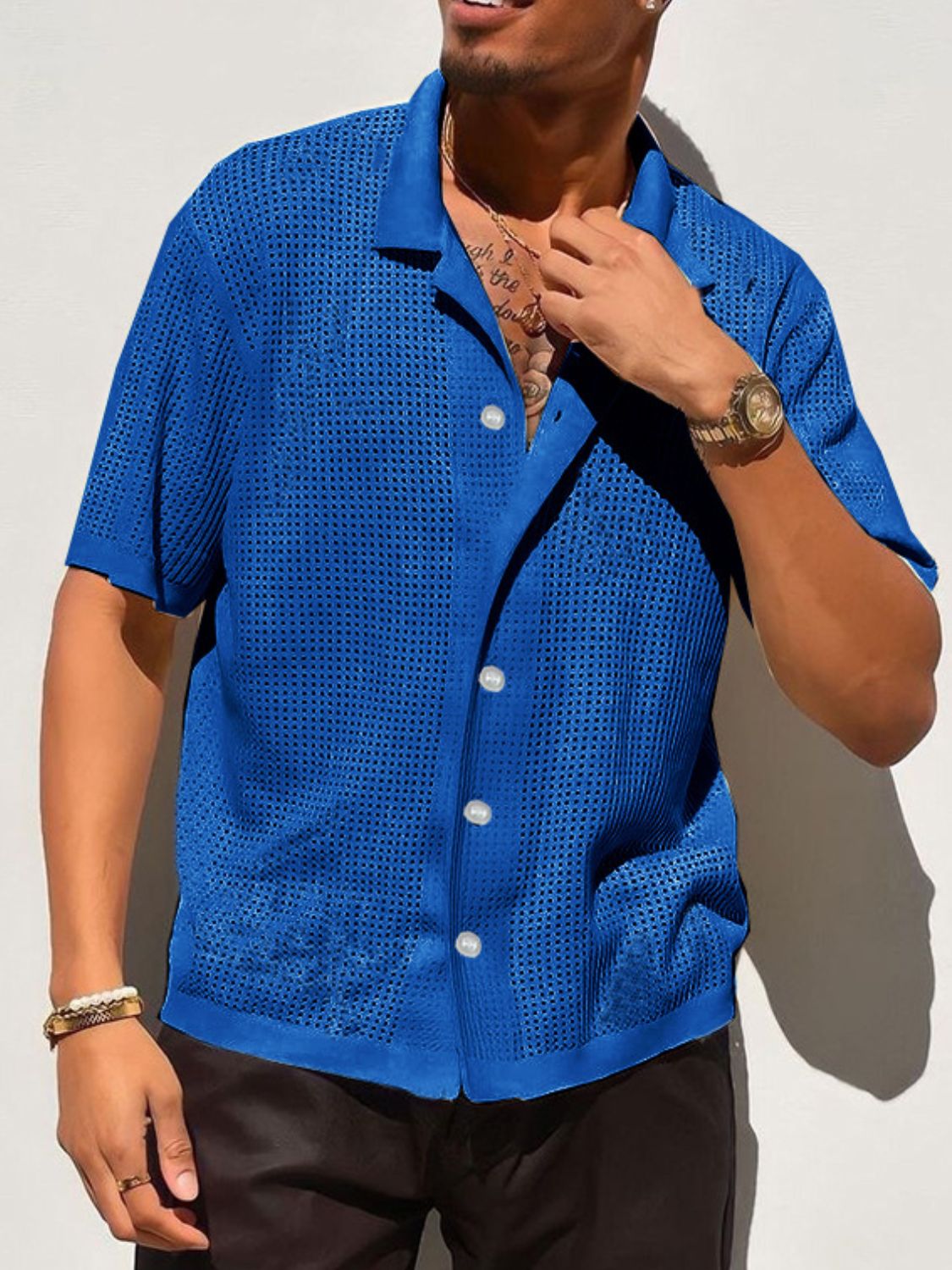 Men's Full Size Openwork Button Down Collared Neck Shirt Plus Size
