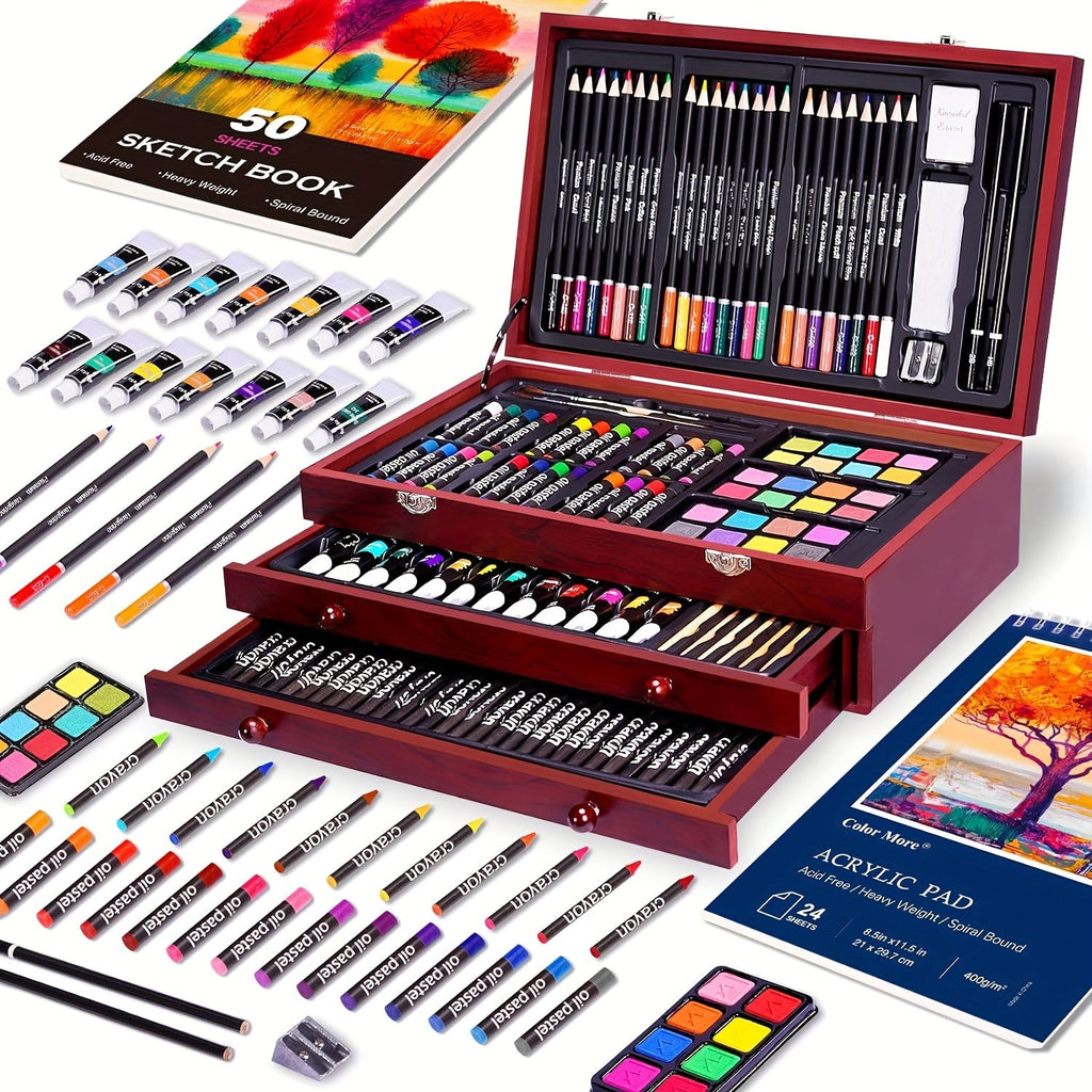 Coffret de luxe 175 pièces – Crayons, crayons de couleur et peintures acryliques dans une mallette en bois