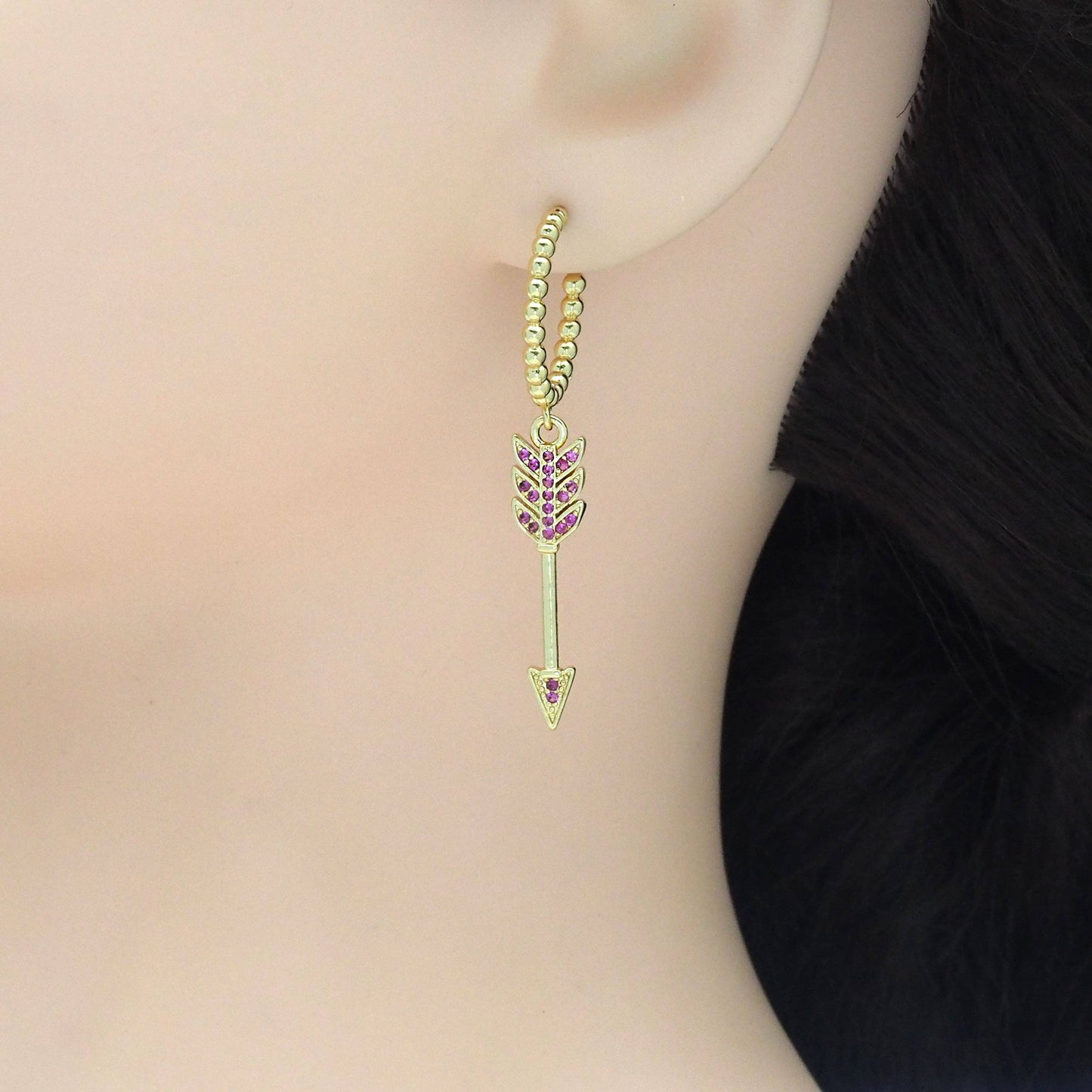 Fuchsia CZ Arrow Hoop Earrings, Sku#LK853
