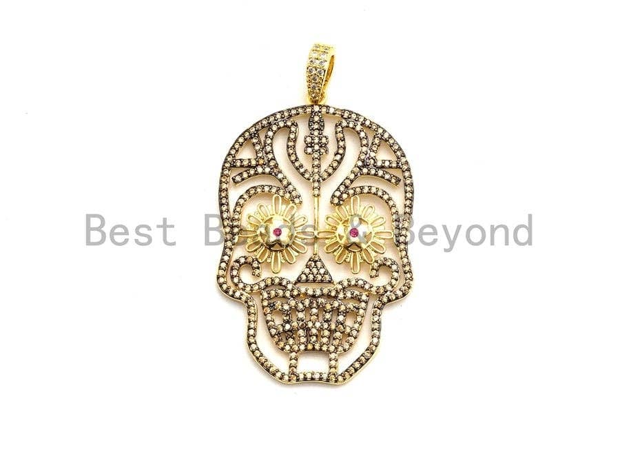 CZ Micro Pave Skull Pendant,Skull Pave Pendant,Turquoise/Fuchsia/Green/Cobalt/Black, Halloween Pave, 30x47mm, Sku#F669