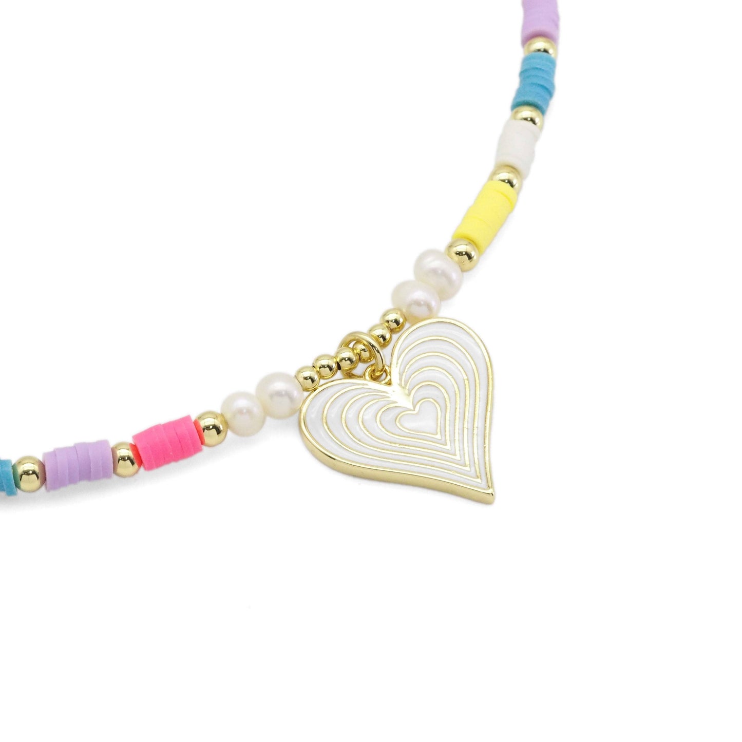 Gold Colorful Pearl Beads Heart Pendant Necklace, Sku#O119