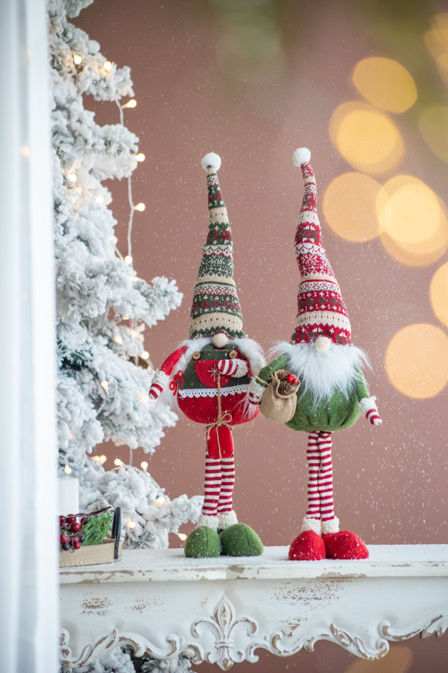 Set of 2 Fabric Standing Holiday Gnomes with Knit Hats
