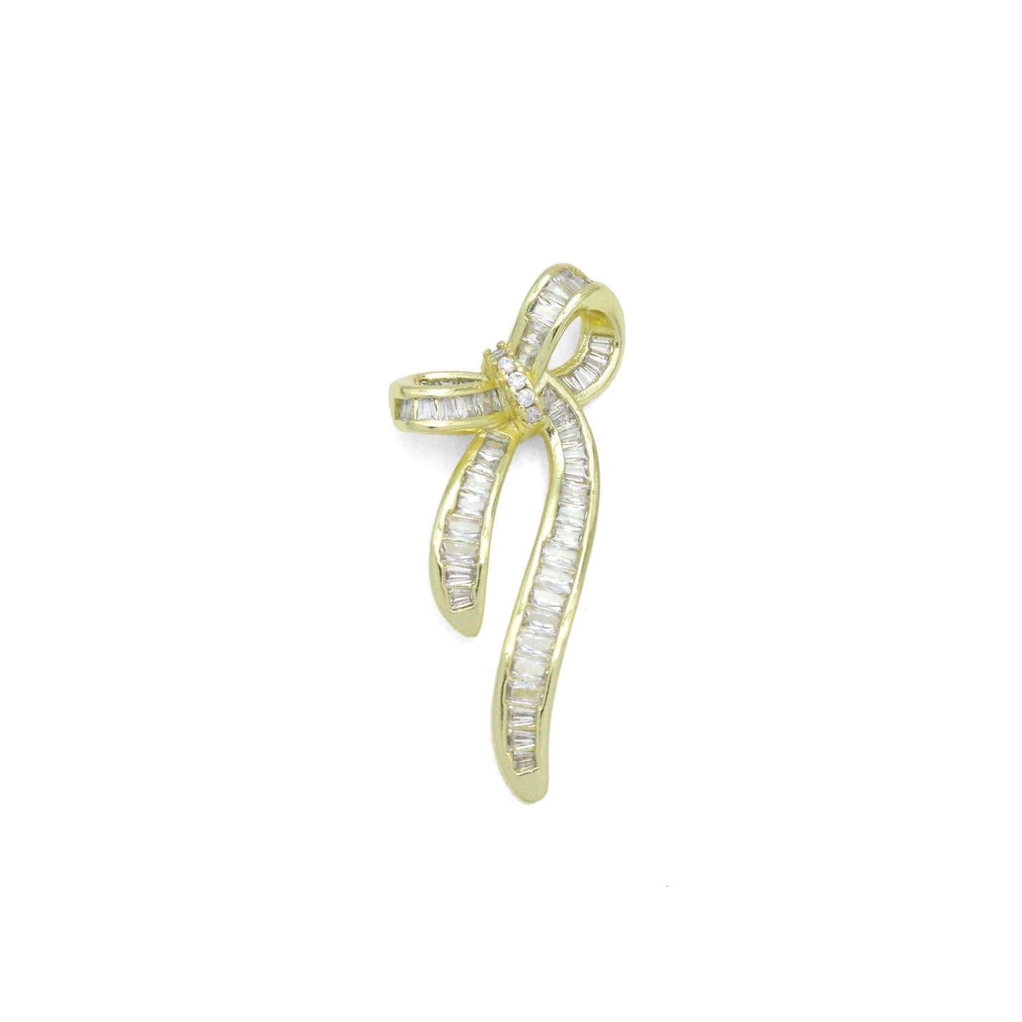 Baguette CZ Gold Bow Charm Pendant, Sku#LK1087