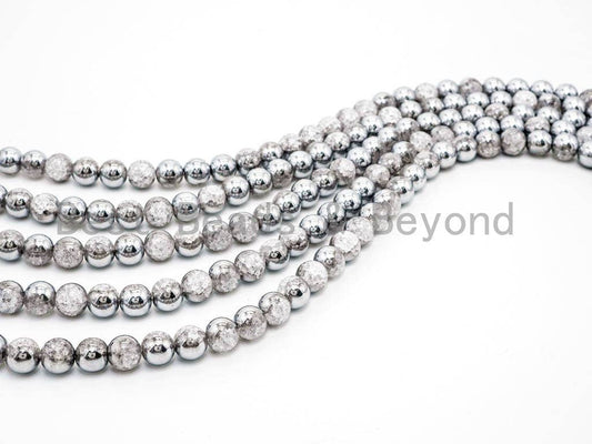 Crack Quartz Half Silver Plated, 6mm/8mm/10mm/12mm/14mm Round Smooth beads, Silver Clear Quartz Beads, 15.5inch strand, SKU#U55