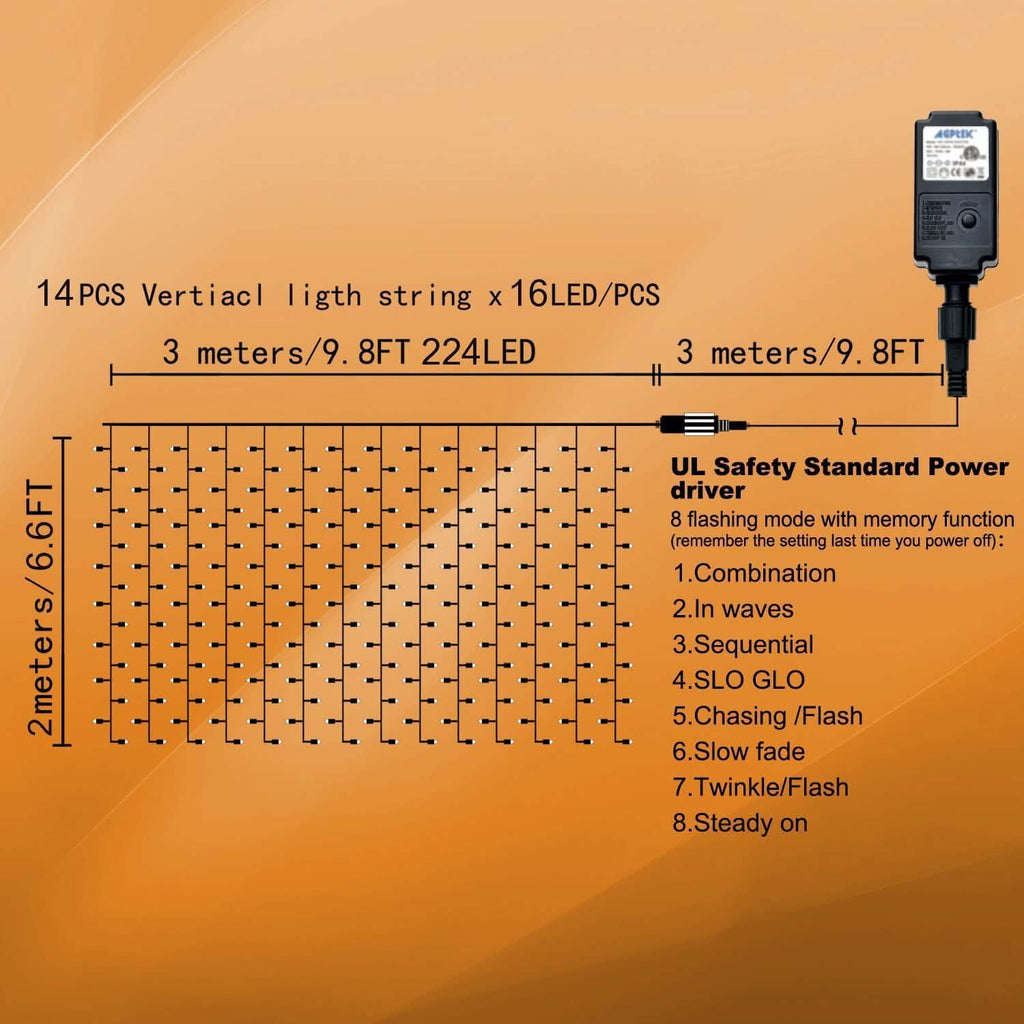 Rideau lumineux féerique étanche de 3m x 2m de couleur blanc froid avec 8 modes
