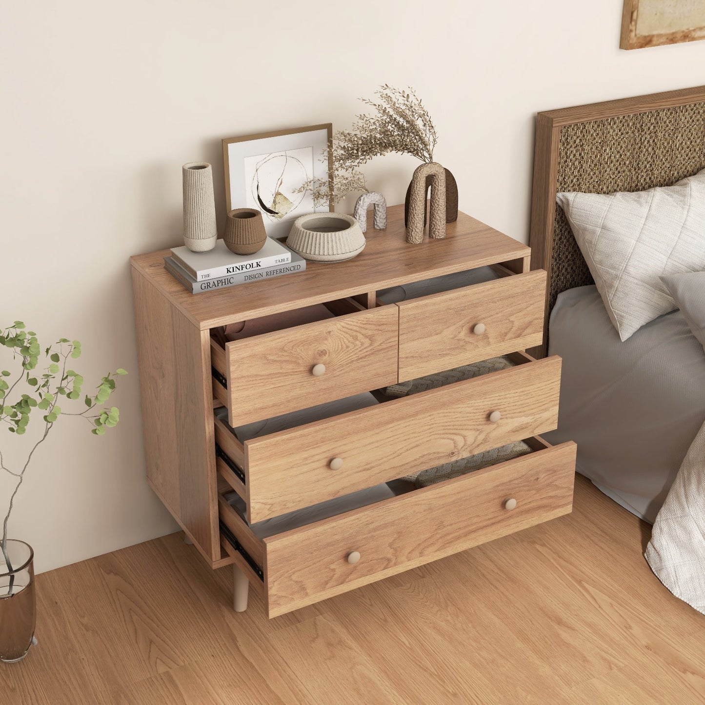 4-Drawer Dresser Cabinet Storage Organizer Rubber Leg with Rail-Natural