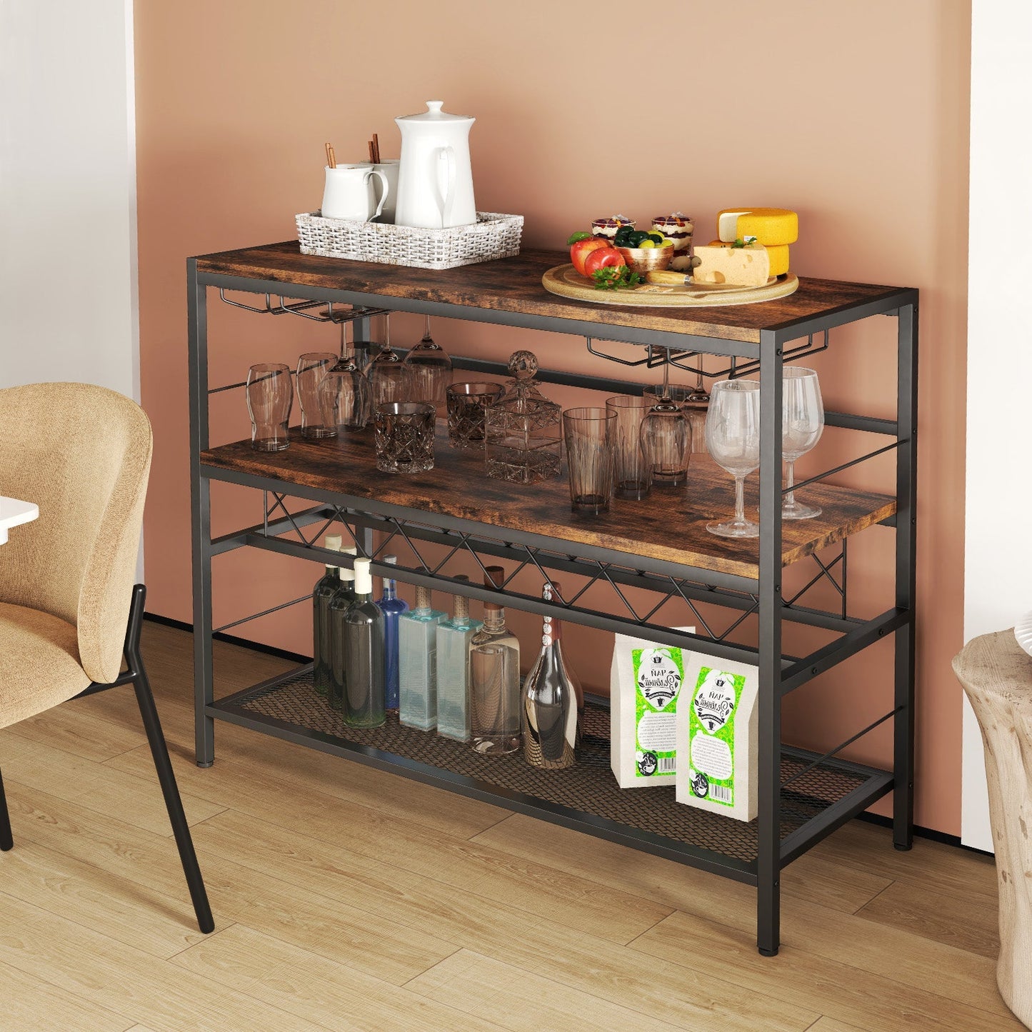 41 Inch 4-Tier Bar Table with Wine Rack and 4 Rows of Glass Holders-Rustic Brown
