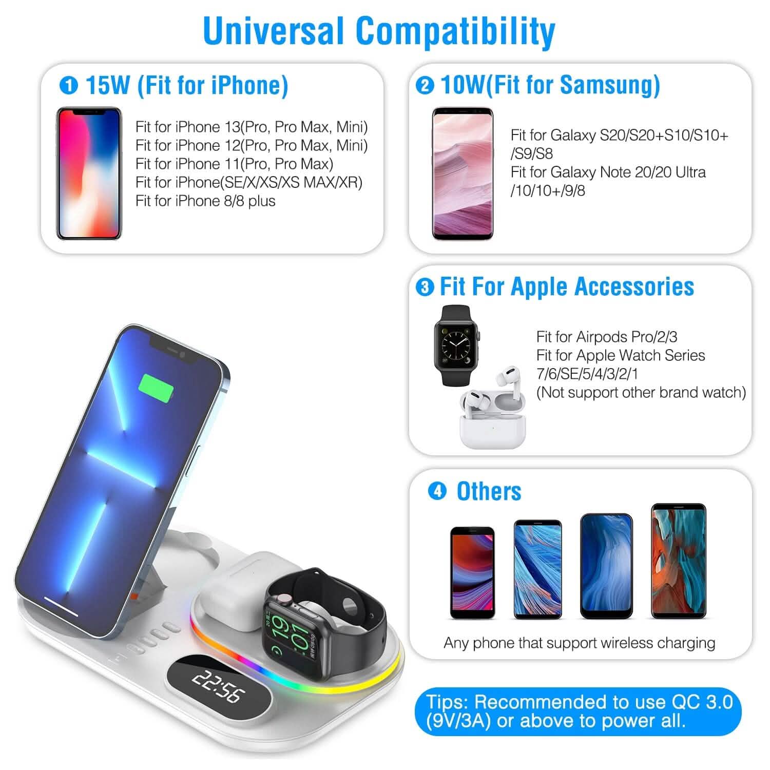 4-in-1 折りたたみ式ワイヤレス充電ステーションスタンドドック