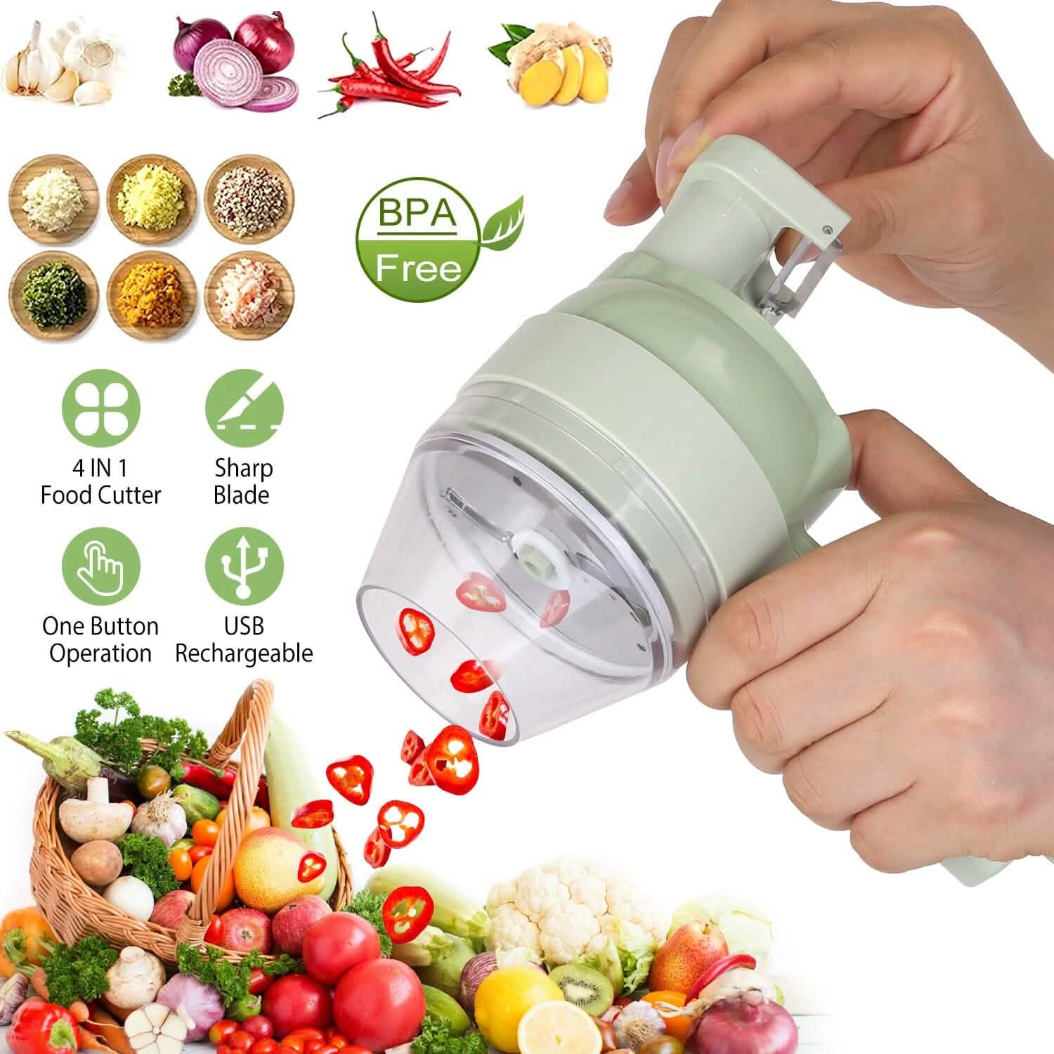 4-in-1 Handheld Electric Vegetable Chopper, Grinder, Slicer and Dicer