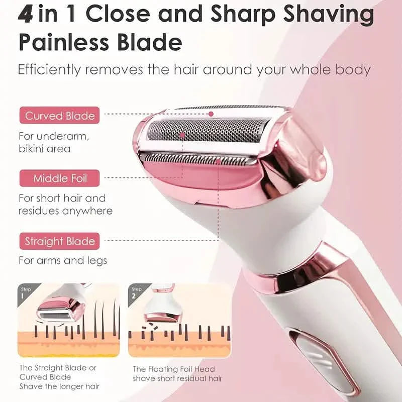 4-in-1 Silky-Smooth Electric Shaver for Women - Wet/Dry, USB Rechargeable & Portable for Full Body Use