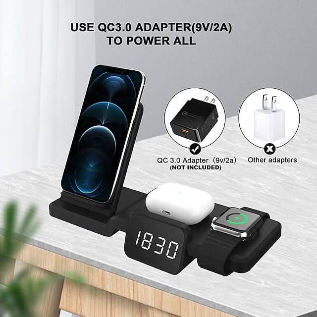4-in-1 ワイヤレス充電器 LEDデジタル時計付き