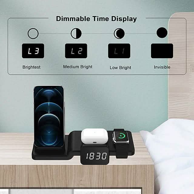 4-in-1 ワイヤレス充電器 LEDデジタル時計付き