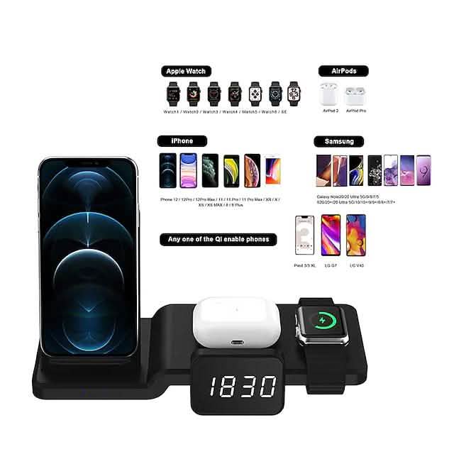 4-in-1 ワイヤレス充電器 LEDデジタル時計付き