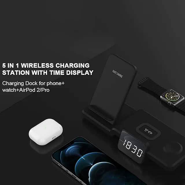 4-in-1 ワイヤレス充電器 LEDデジタル時計付き