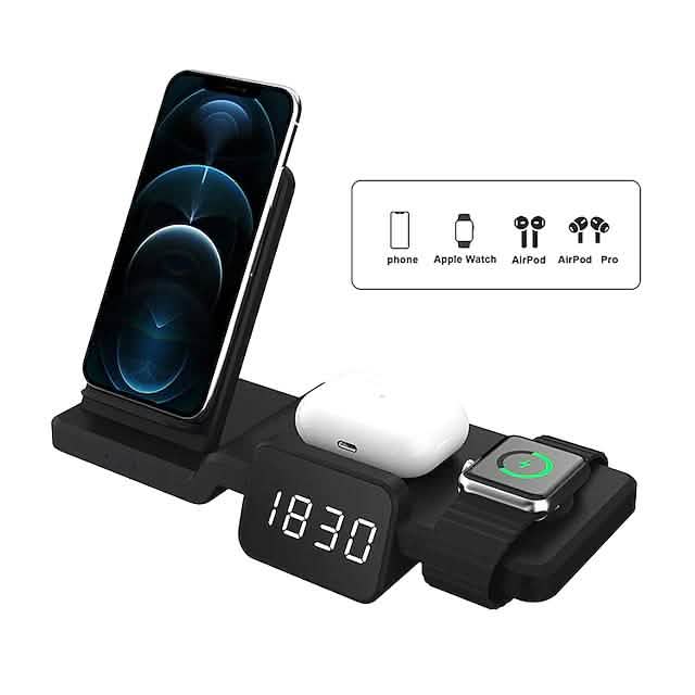 4-in-1 ワイヤレス充電器 LEDデジタル時計付き