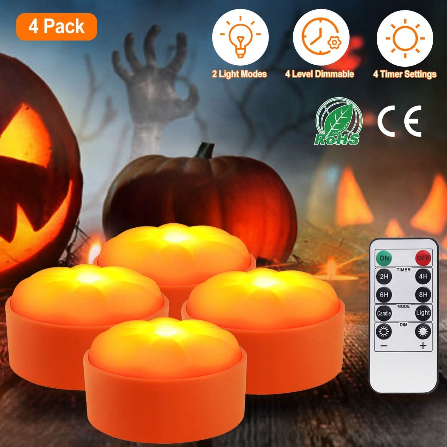 4個セット：ハロウィンLEDパンプキンライト 電池式 2つのライトモード 4つのタイマー設定付き