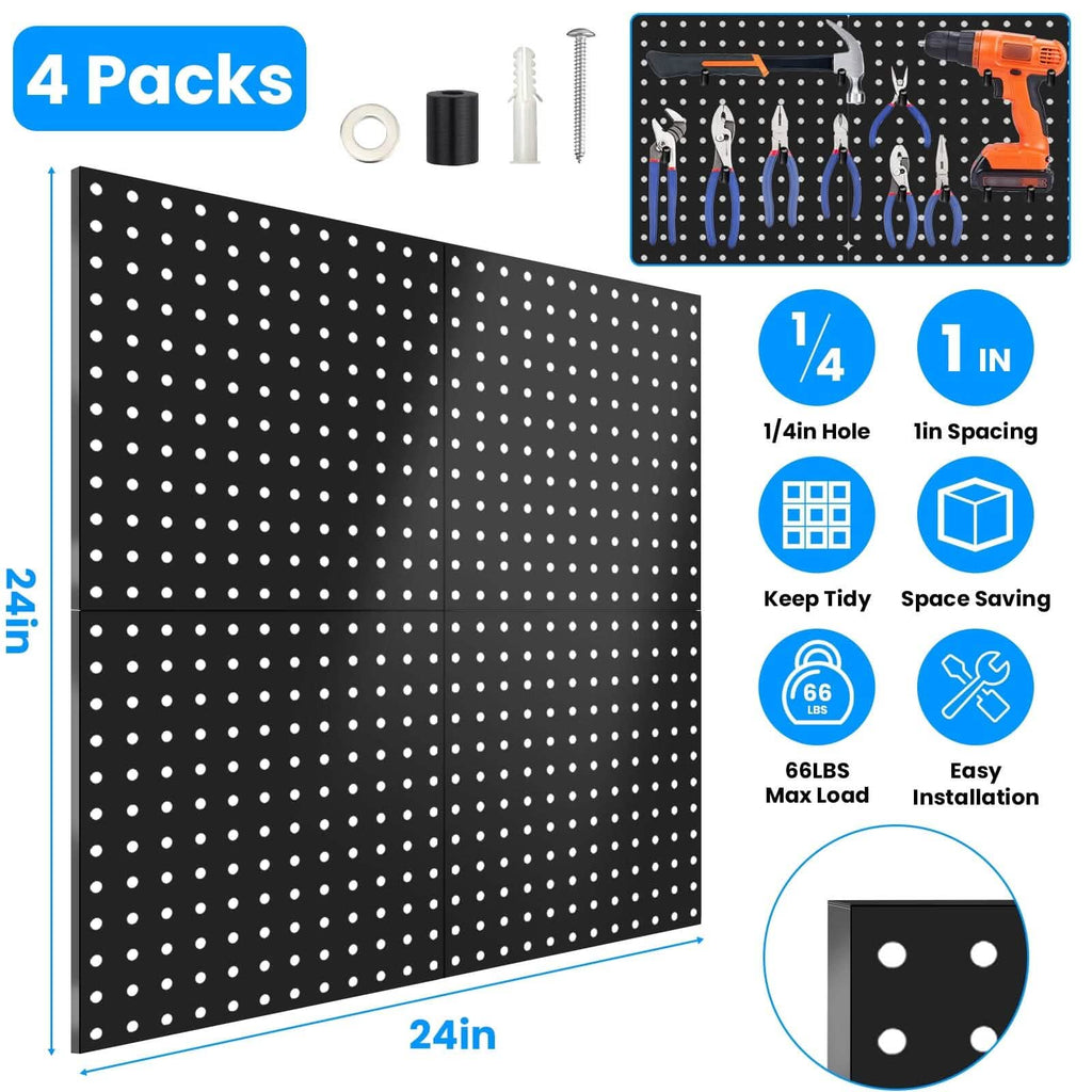 4-Pack: Metal Black Pegboard Wall Organizer with 1" Spacing 1/4" Hole