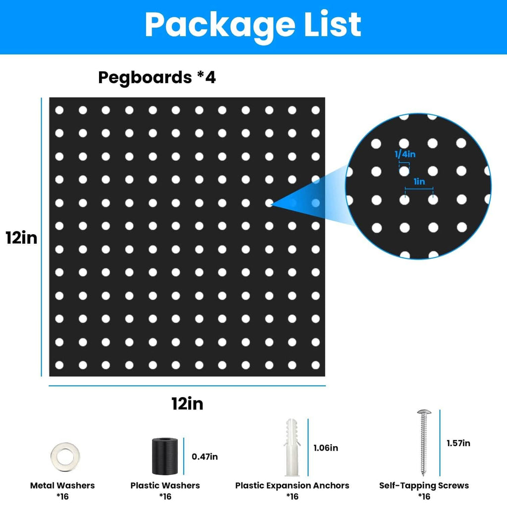 4-Pack: Metal Black Pegboard Wall Organizer with 1" Spacing 1/4" Hole