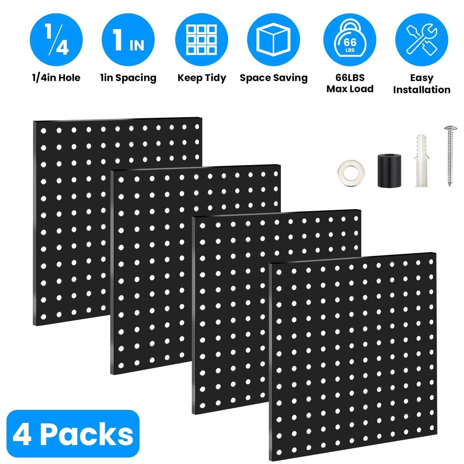 4-Pack: Metal Black Pegboard Wall Organizer with 1" Spacing 1/4" Hole