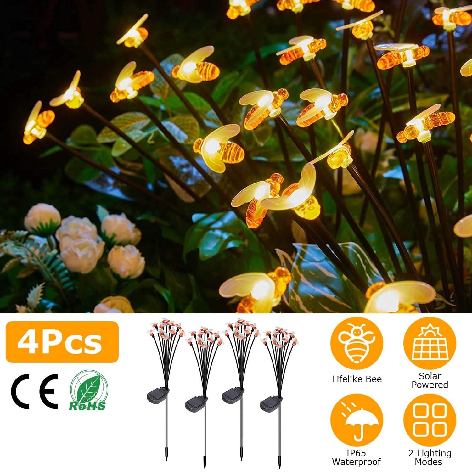 4-Pack: Solar Powered Stake Bee Light 2 Lighting Mode Lifelike Firefly