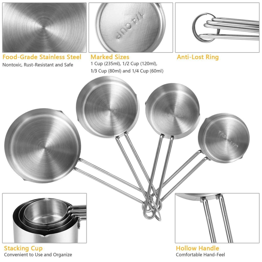Lot de 4: tasses à mesurer en acier inoxydable empilables, ensemble de cuillères de cuisine