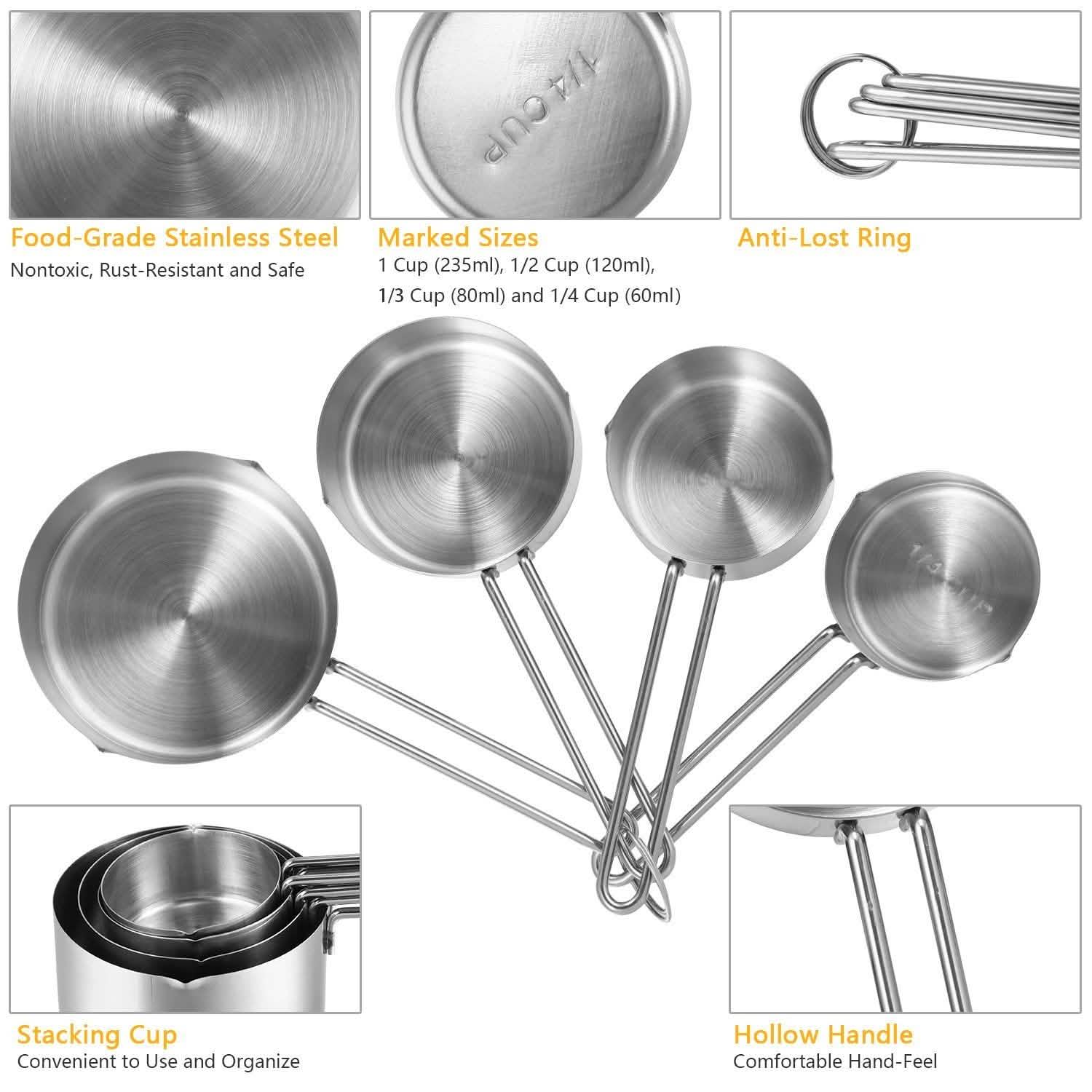 Lot de 4: tasses à mesurer en acier inoxydable empilables, ensemble de cuillères de cuisine