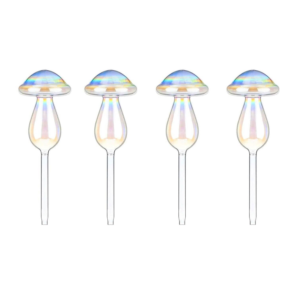4-Pieces: Clear Glass Plant Watering Globes Iridescent Rainbow Gradient Mushroom