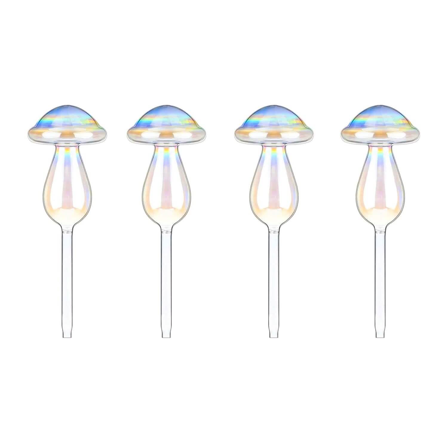4-Pieces: Clear Glass Plant Watering Globes Iridescent Rainbow Gradient Mushroom