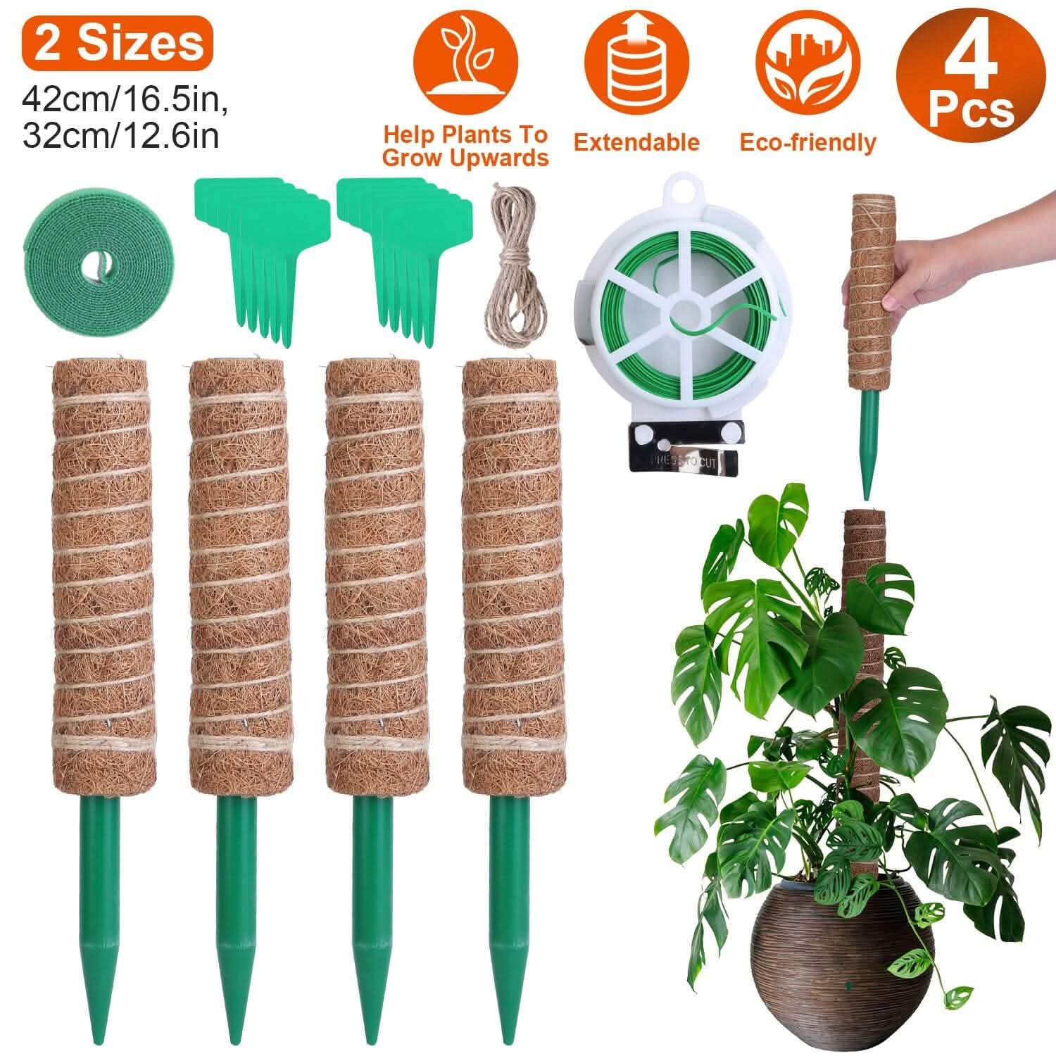 4-Pieces: Coco Coir Extendable Moss Pole for Climbing Plants