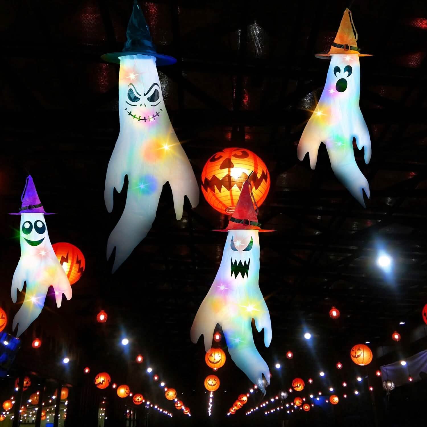 4-Pieces: Halloween Ghosts with Witch Hats Windsocks Hanging Decoration with Colorful LED Light