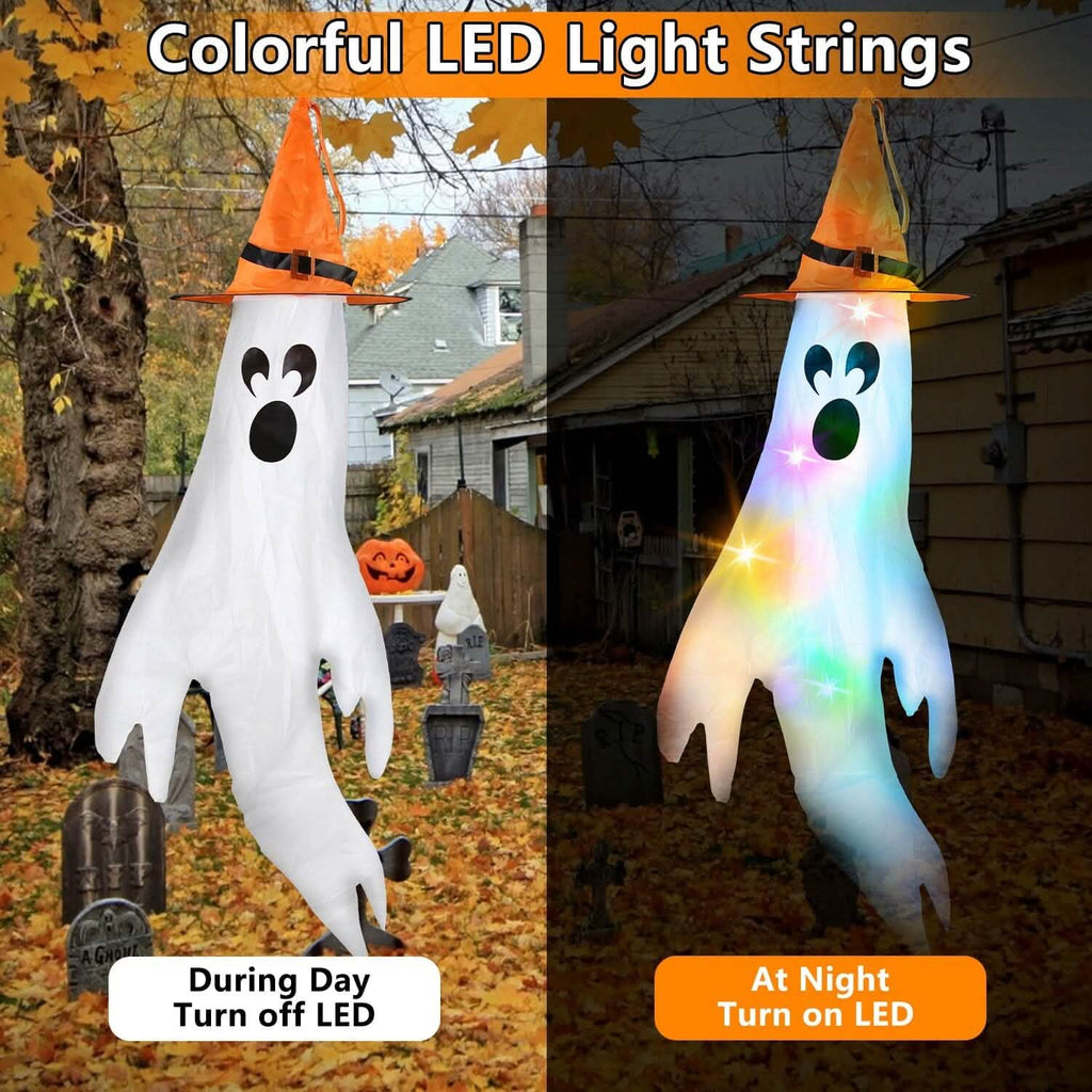 4-Pieces: Halloween Ghosts with Witch Hats Windsocks Hanging Decoration with Colorful LED Light