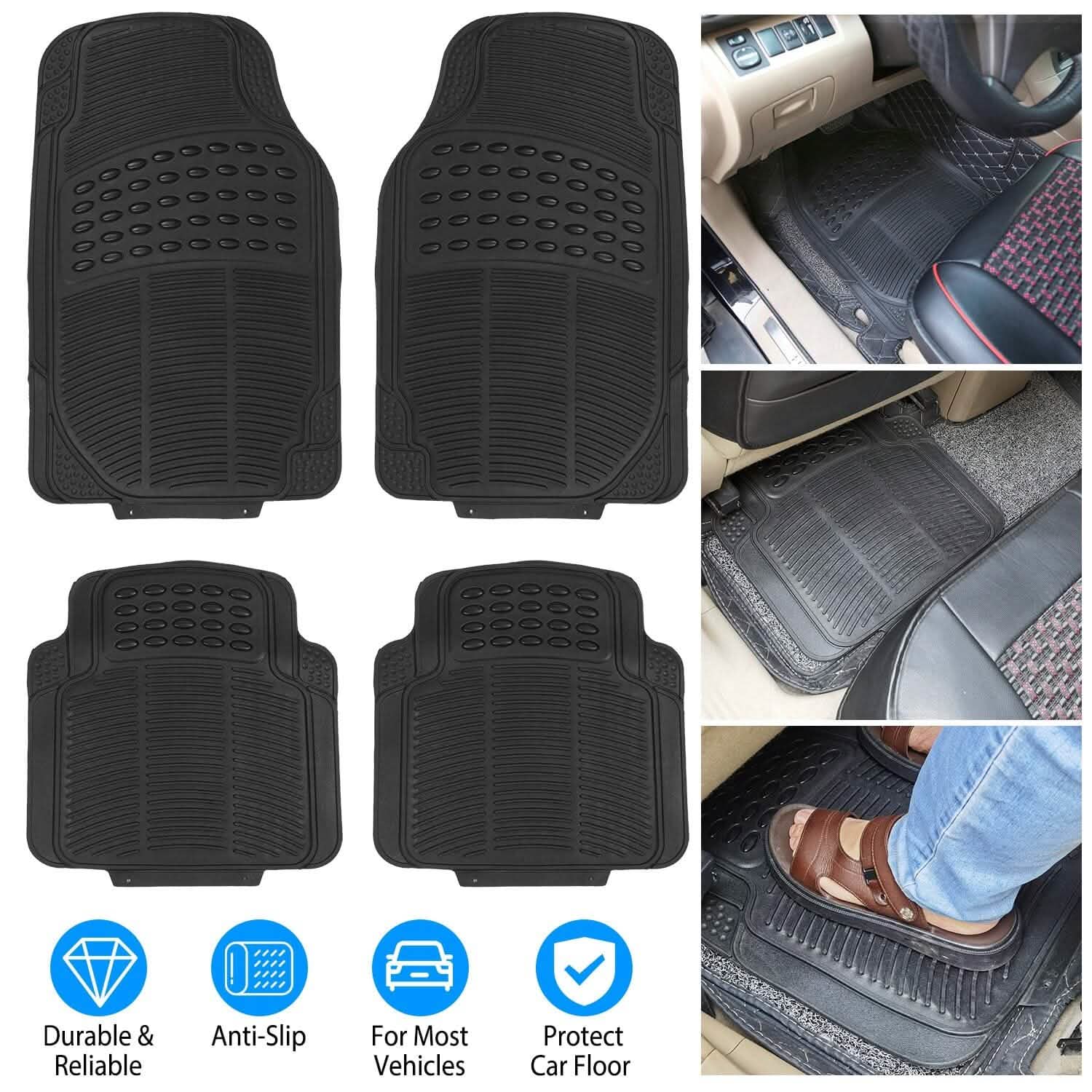 Lot de 4 tapis de sol de voiture en caoutchouc PVC robuste, ajustables