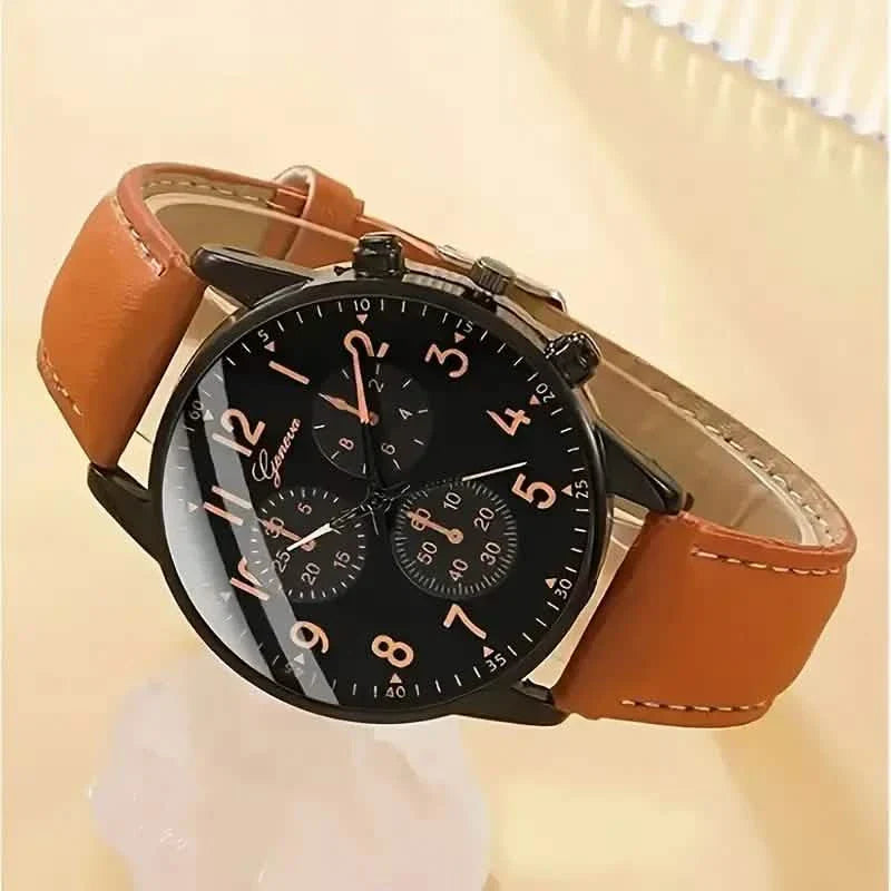 4-Pieces: Men's Fashion Brown Faux Leather Quartz Watch & Bracelet Set
