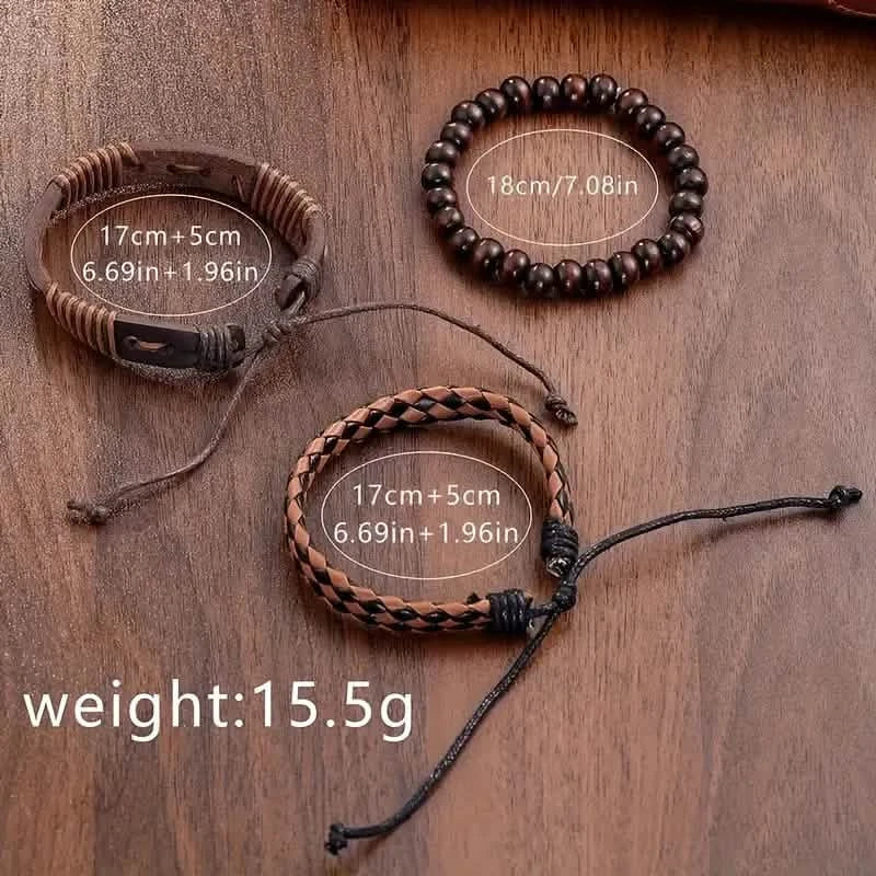 4-Pieces: Men's Fashion Brown Faux Leather Quartz Watch & Bracelet Set